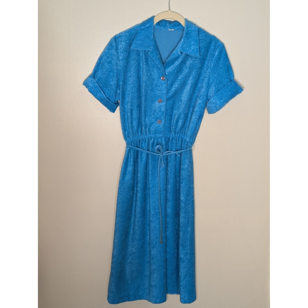 Vintage Blue Terry Cloth Midi Dress Short Sleeve Button Front Elastic Waist